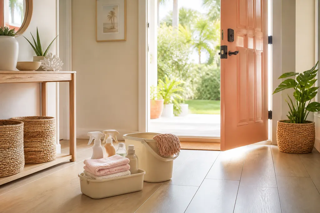 Cleaning supplies and folded cloths in a sunlit Florida entryway