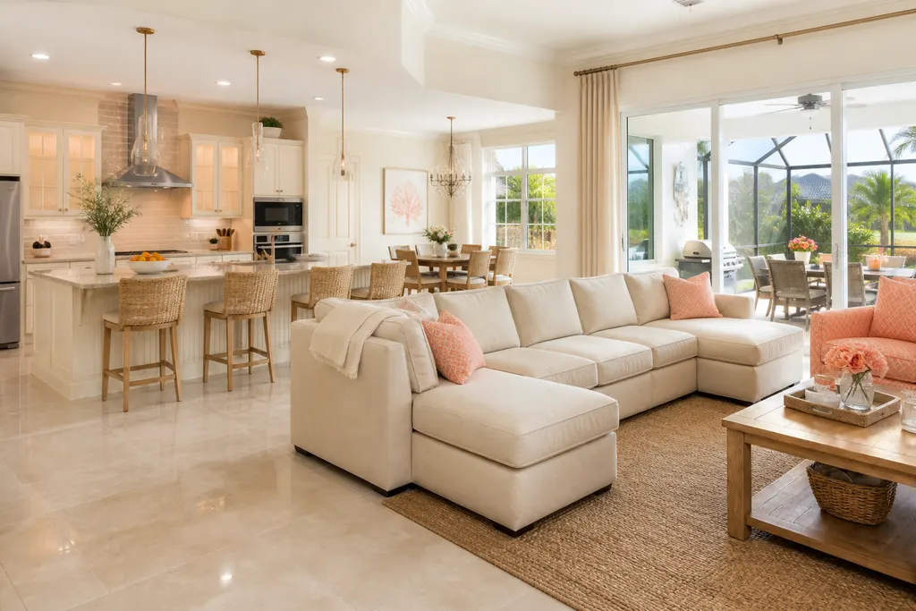 Bright open great room and kitchen in a Riverview, FL family home, freshly cleaned from the floors to the counters