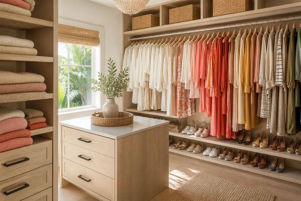Organized walk-in closet with clothing hung in order and tidy shelves in a Riverview home
