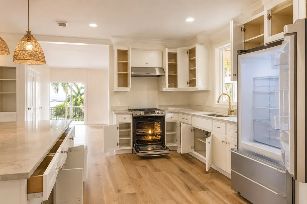 Empty kitchen with cabinet doors open to clean bare shelves and a spotless open oven after a move-in cleaning