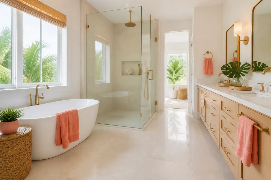 Brand new bathroom with spotless tile, clean fixtures, and clear shower glass after a remodel cleaning