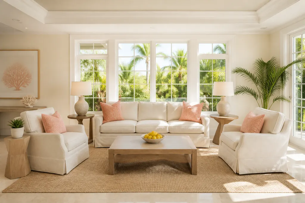 Bright, freshly cleaned Florida living room with comfortable seating and large windows