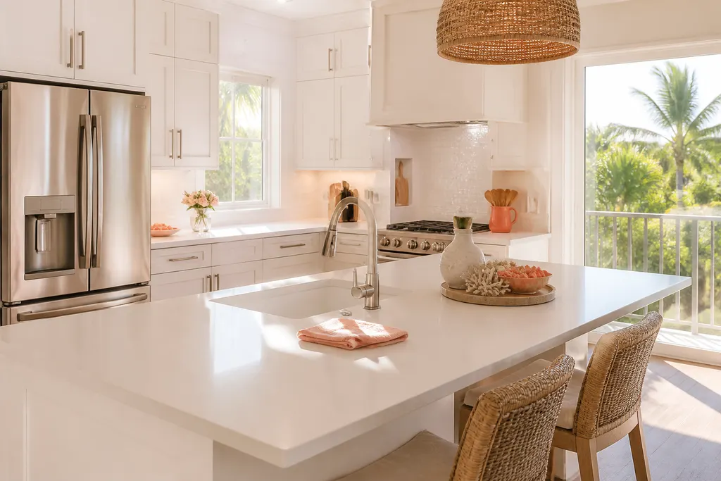 Sunlit kitchen with clean counters and a folded microfiber cloth beside the sink